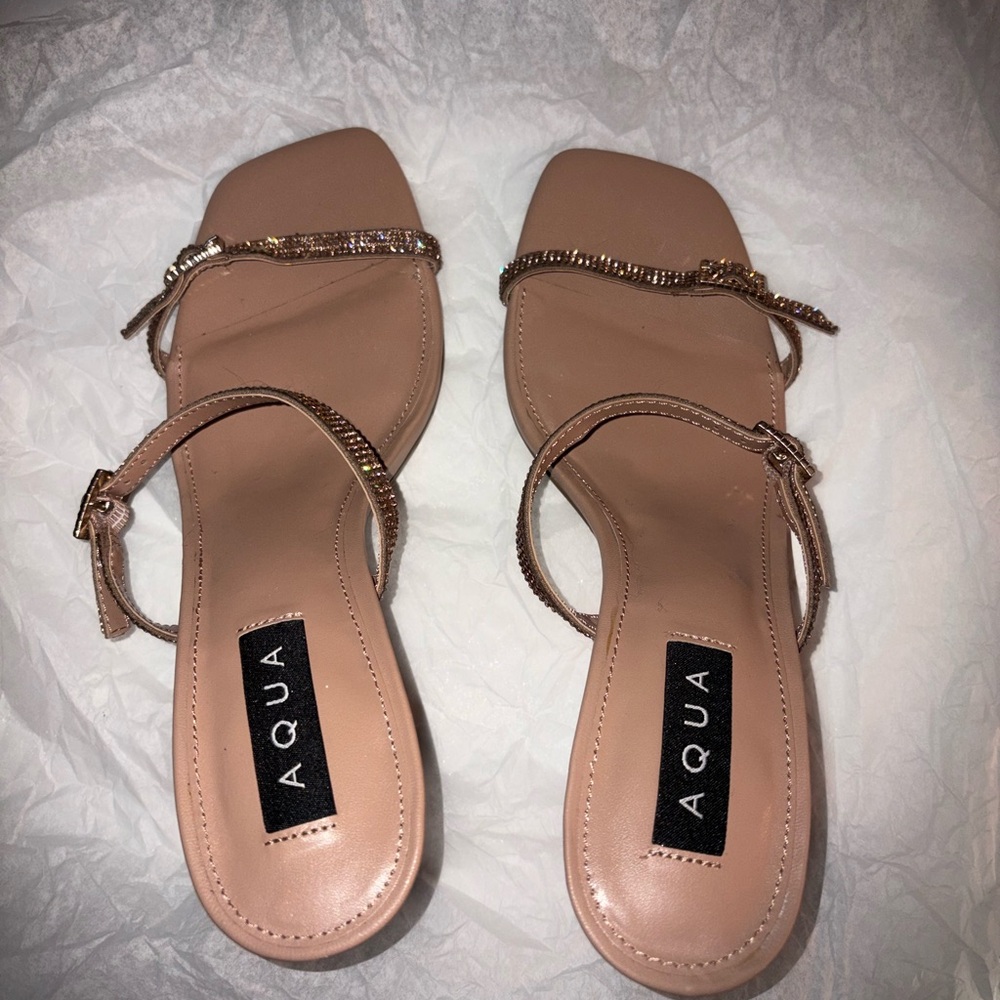 Aqua Women's Pink/Beige Sandal Heels with Gold Accents